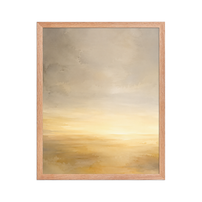 Framed sunrise poster featuring a glowing ocean horizon with soft watercolor textures in warm gold, ivory, and neutral tones.