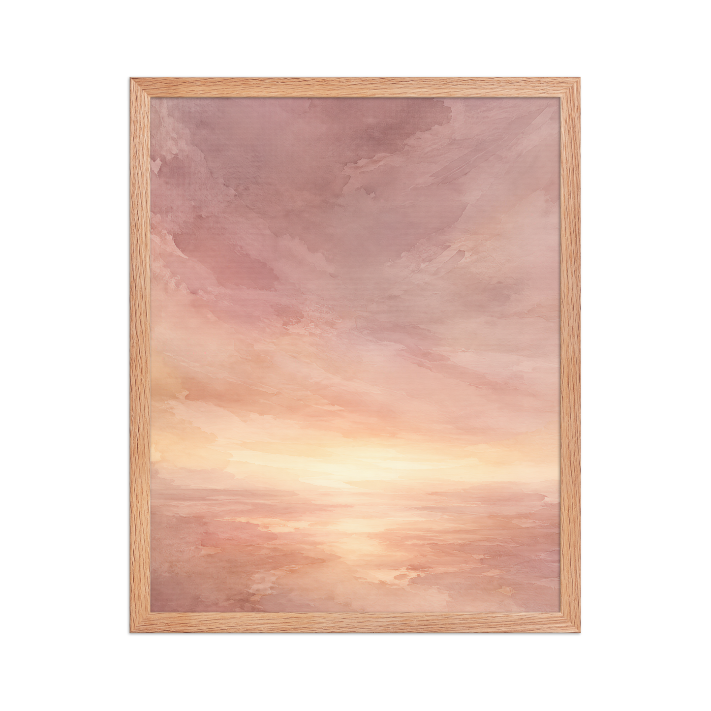Framed sunrise poster with a glowing blush ocean horizon and soft watercolor textures in pink, peach, and warm neutral tones.