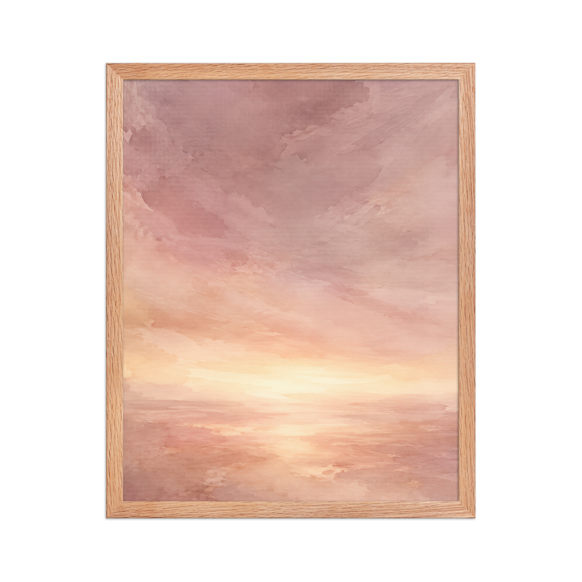 Framed sunrise poster with a glowing blush ocean horizon and soft watercolor textures in pink, peach, and warm neutral tones.