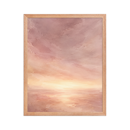 Framed sunrise poster with a glowing blush ocean horizon and soft watercolor textures in pink, peach, and warm neutral tones.