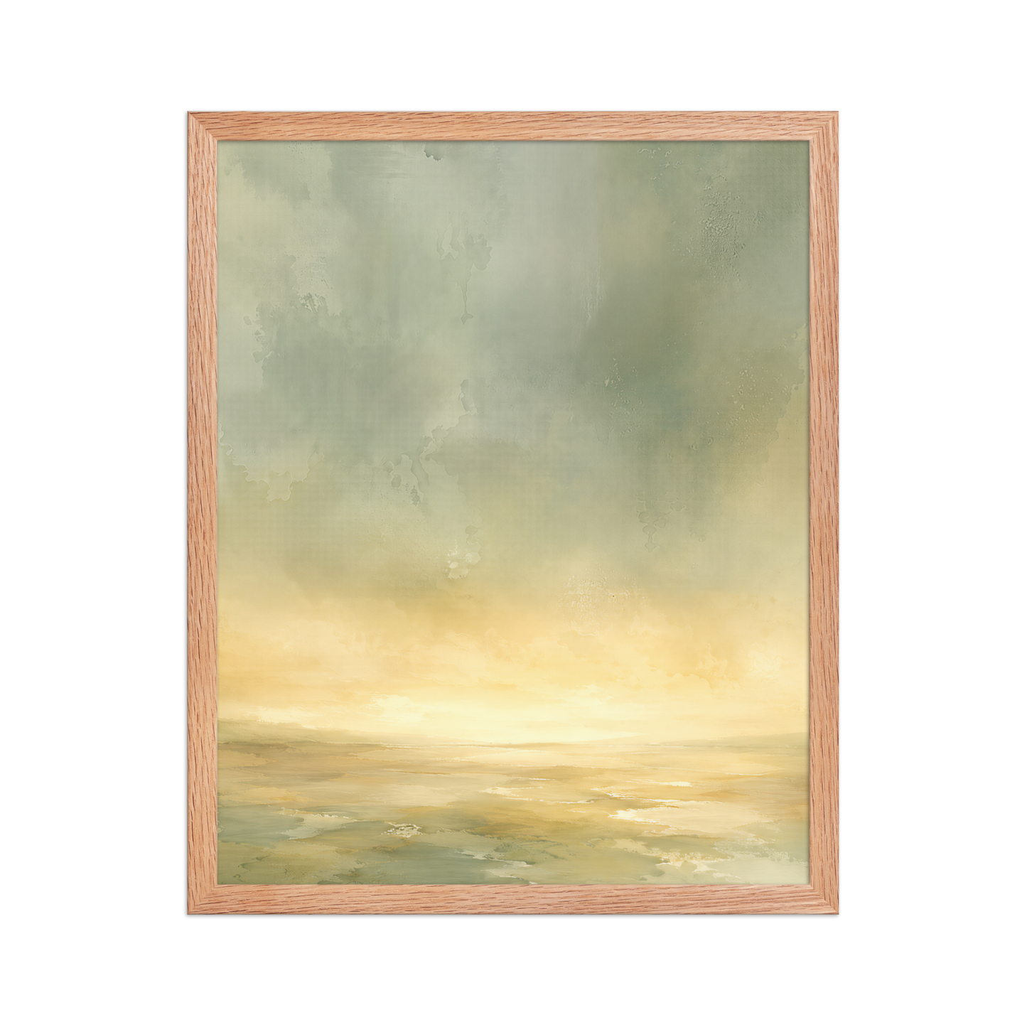 Framed sunrise poster featuring a glowing ocean horizon with soft sage green, warm gold, and watercolor textures.