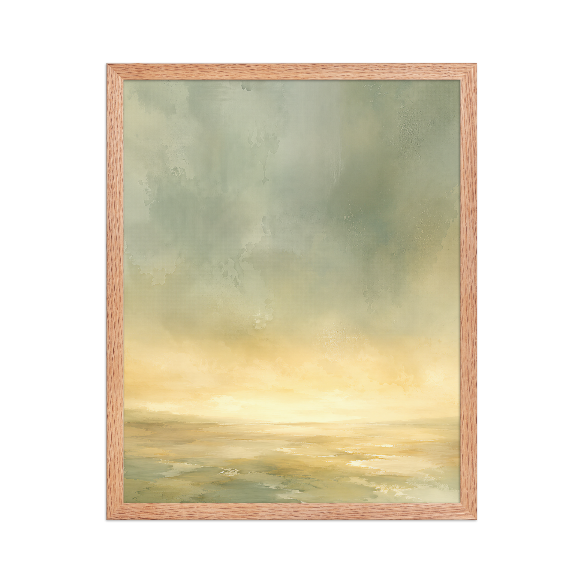 Framed sunrise poster featuring a glowing ocean horizon with soft sage green, warm gold, and watercolor textures.
