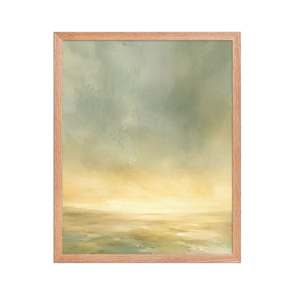 Framed sunrise poster featuring a glowing ocean horizon with soft sage green, warm gold, and watercolor textures.