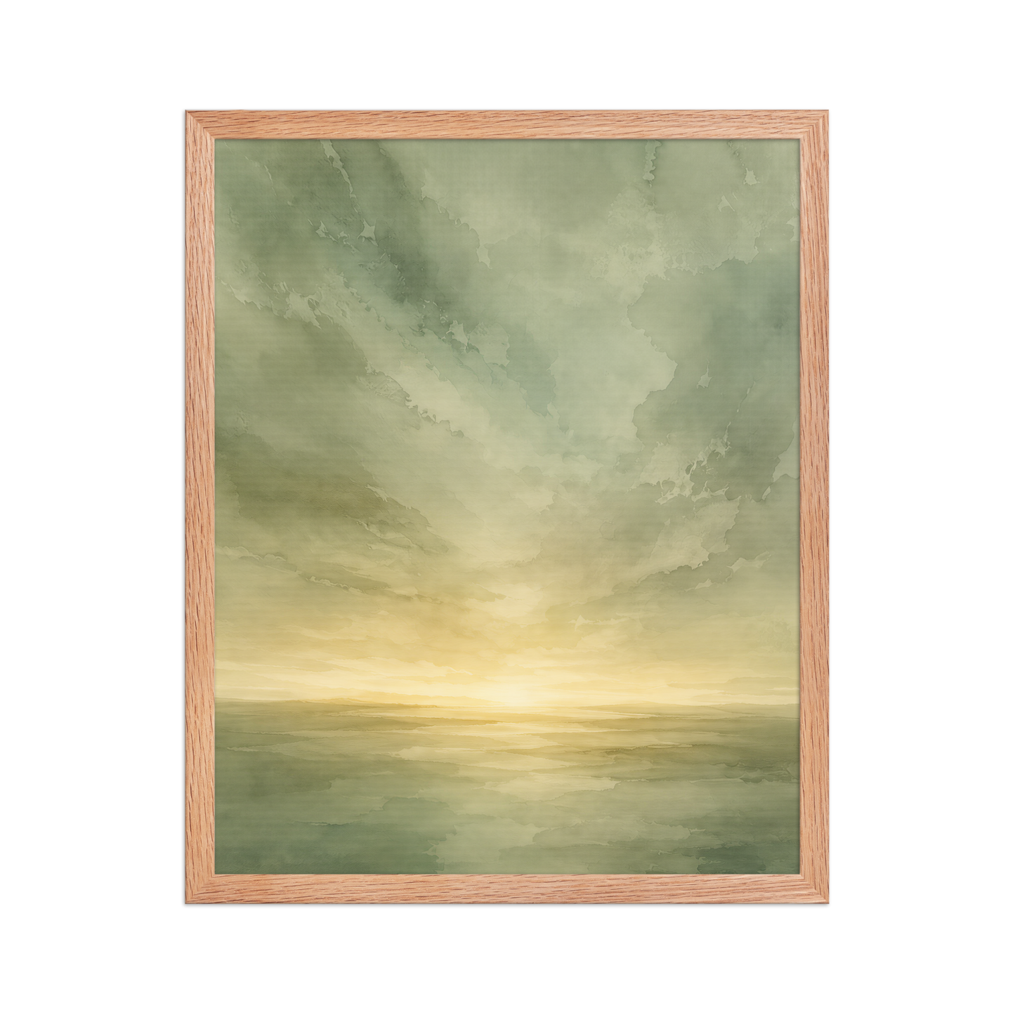 Framed sunrise poster featuring a glowing ocean horizon with soft sage green watercolor textures and warm golden light.