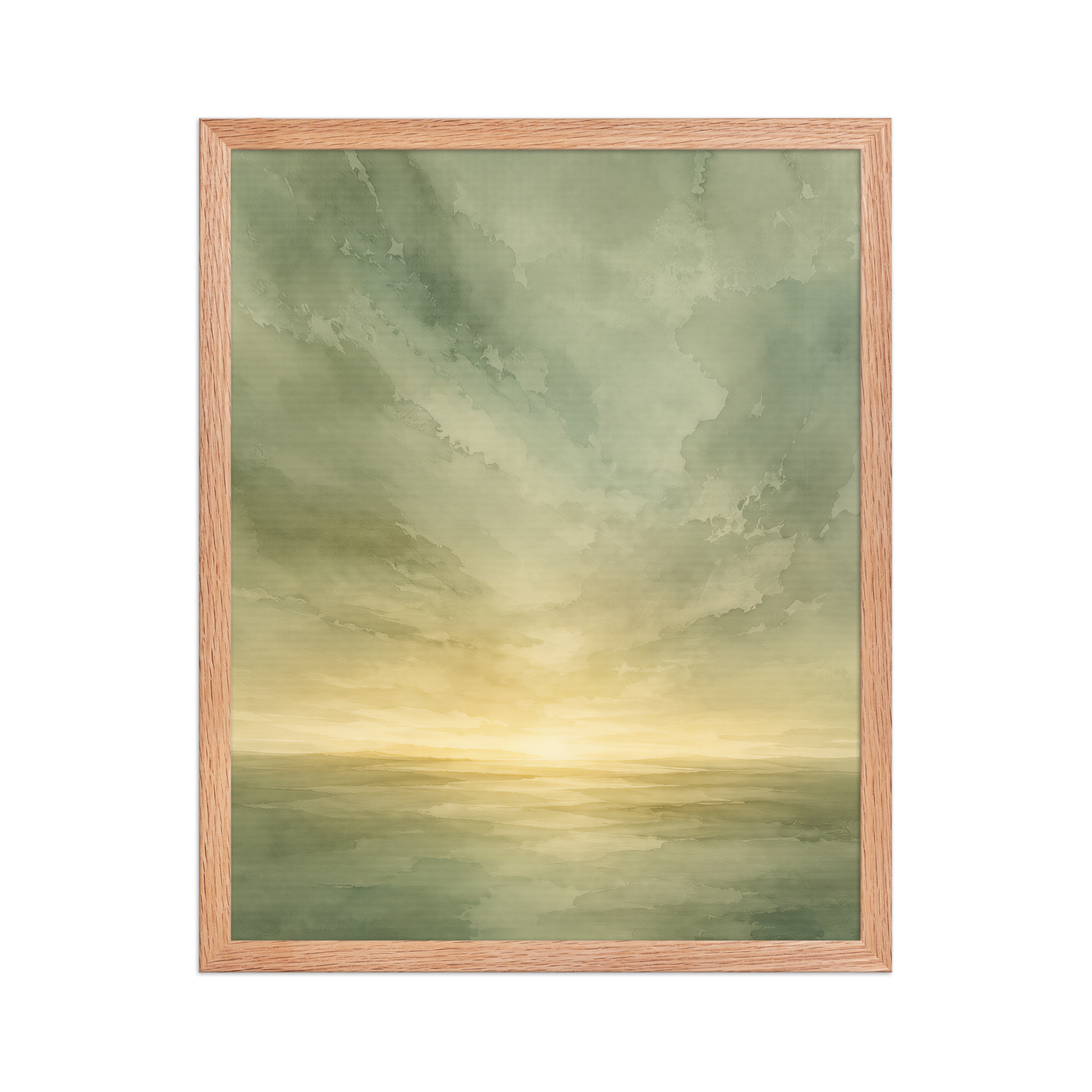 Framed sunrise poster featuring a glowing ocean horizon with soft sage green watercolor textures and warm golden light.