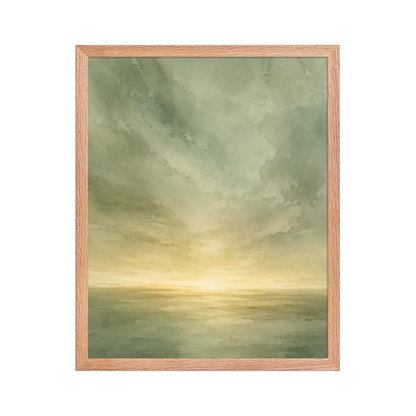 Framed sunrise poster featuring a glowing ocean horizon with soft sage green watercolor textures and warm golden light.
