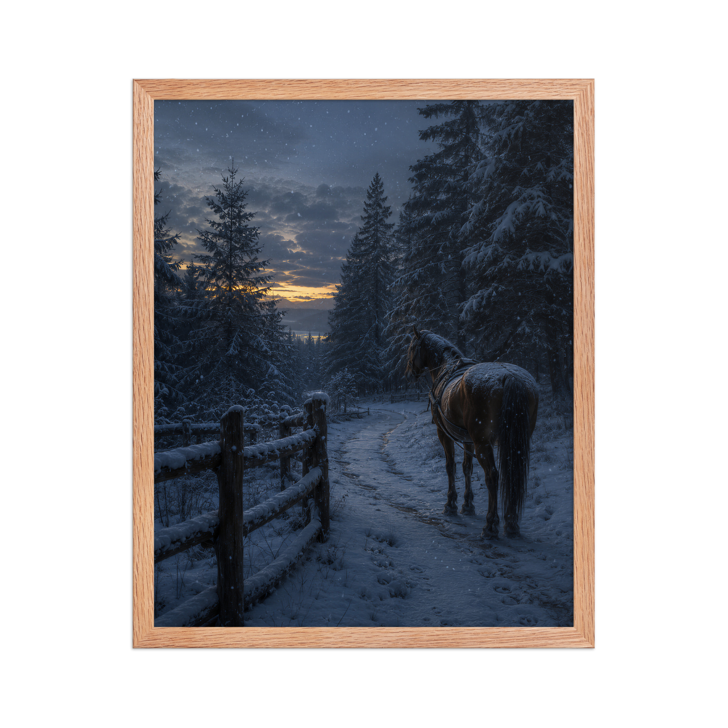 Framed winter forest poster featuring a lone horse on a snowy woodland path at twilight, inspired by Robert Frost's Miles to go, original Visual Poetry artwork.