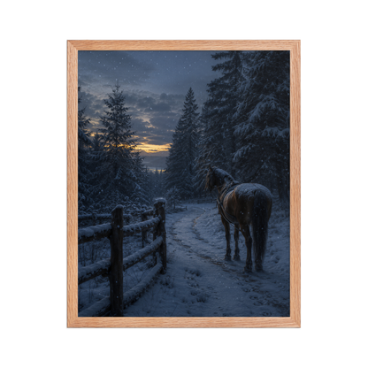 Framed winter forest poster featuring a lone horse on a snowy woodland path at twilight, inspired by Robert Frost's Miles to go, original Visual Poetry artwork.
