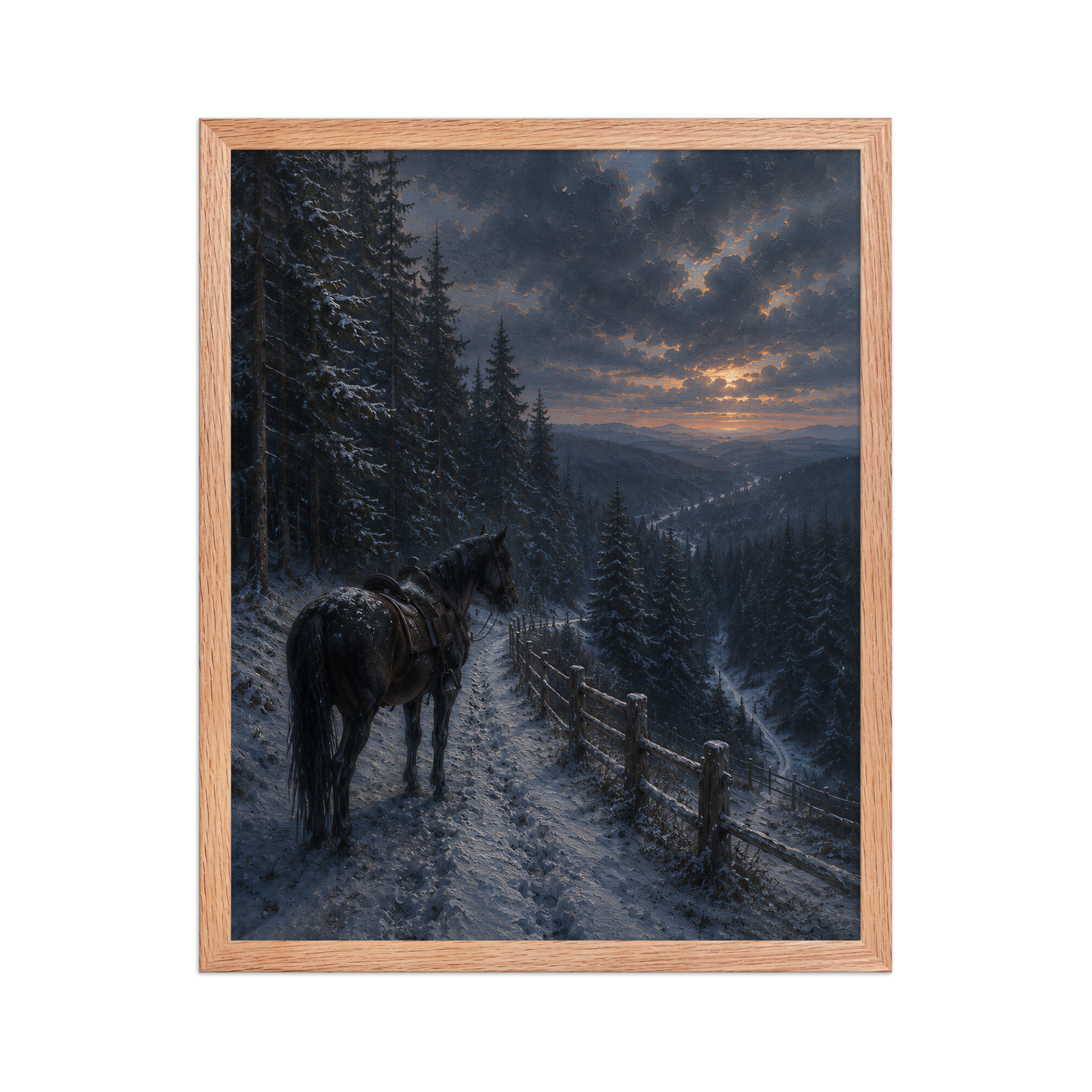 Framed mountain trail poster featuring a lone horse overlooking a snowy valley at winter sunset, inspired by Robert Frost's The Road Not Taken, original Visual Poetry artwork.