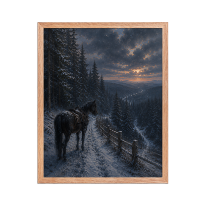 Framed mountain trail poster featuring a lone horse overlooking a snowy valley at winter sunset, inspired by Robert Frost's The Road Not Taken, original Visual Poetry artwork.