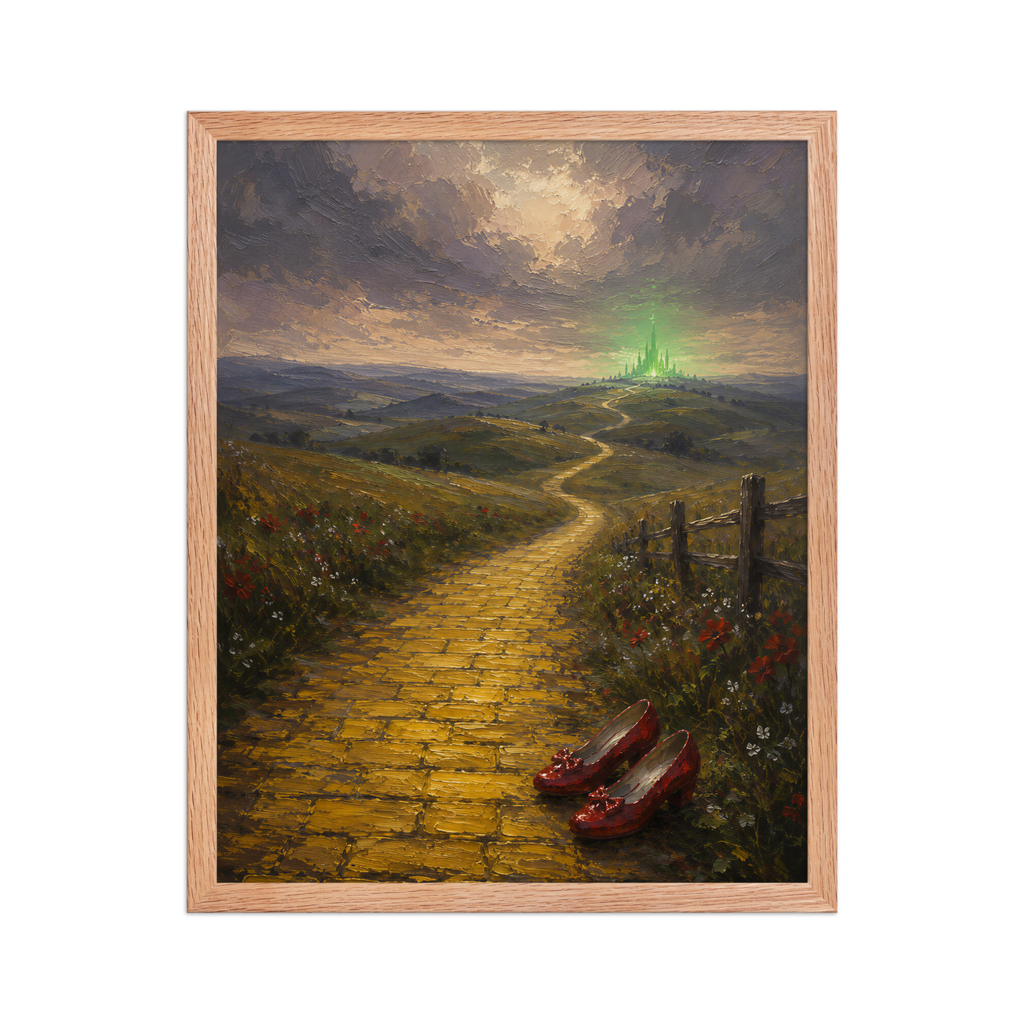 Framed Yellow Brick Road poster featuring ruby slippers beside a winding golden path leading toward a distant emerald city, inspired by There's No Place Like Home, original Visual Poetry artwork.