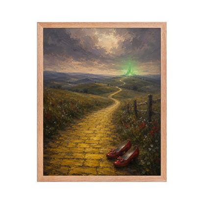 Framed Yellow Brick Road poster featuring ruby slippers beside a winding golden path leading toward a distant emerald city, inspired by There's No Place Like Home, original Visual Poetry artwork.