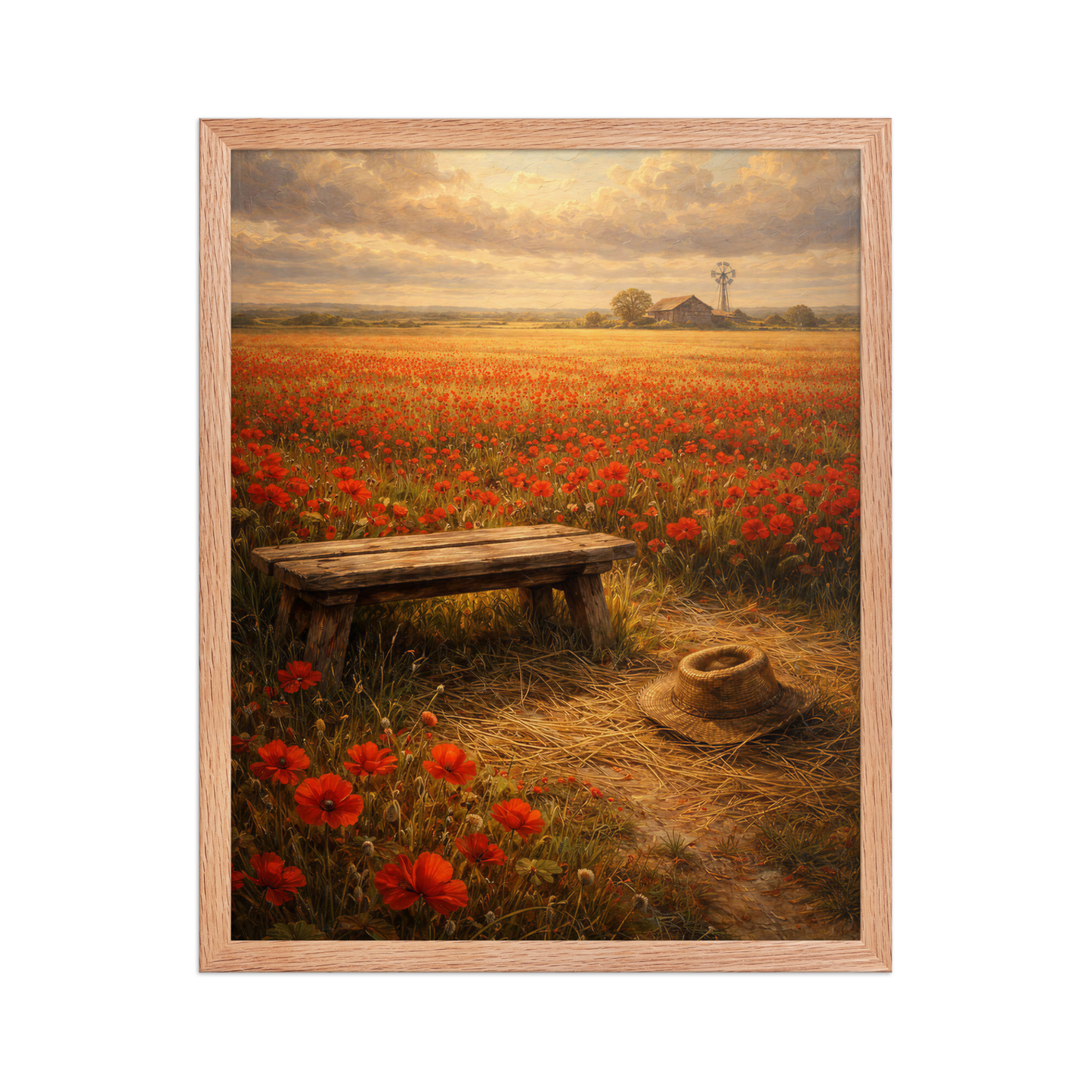 Framed Poppy Field poster featuring a rustic bench, straw hat, and a vast field of red poppies beneath a glowing countryside sky, inspired by The Deadly Poppy Field, original Visual Poetry artwork.