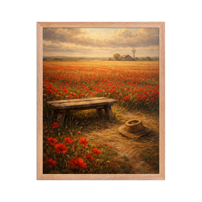 Framed Poppy Field poster featuring a rustic bench, straw hat, and a vast field of red poppies beneath a glowing countryside sky, inspired by The Deadly Poppy Field, original Visual Poetry artwork.