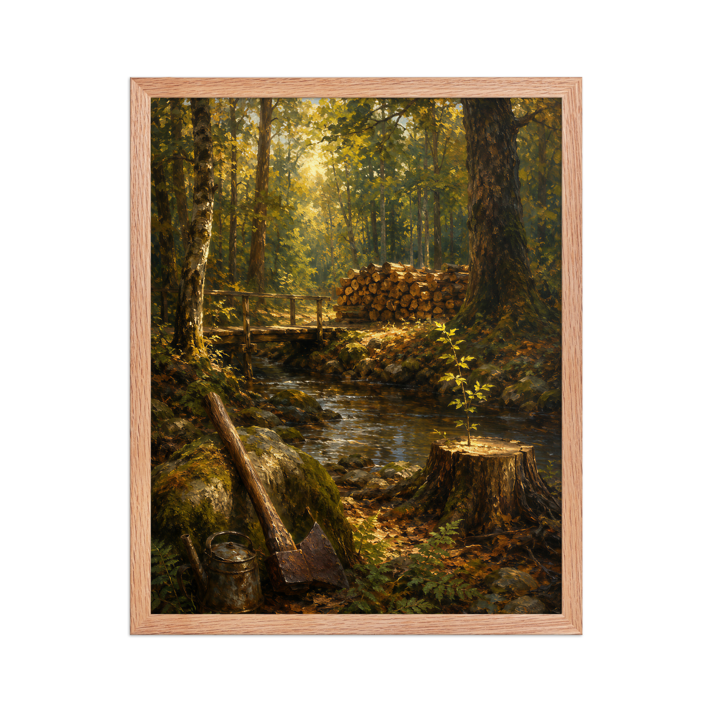 Framed Forest Clearing poster featuring a woodland stream, rustic bridge, axe, stacked firewood, and a young sapling growing from a tree stump, inspired by Follow the Yellow Brick Road, original Visual Poetry artwork.