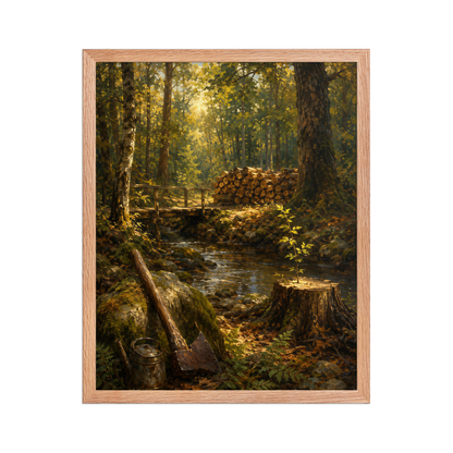 Framed Forest Clearing poster featuring a woodland stream, rustic bridge, axe, stacked firewood, and a young sapling growing from a tree stump, inspired by Follow the Yellow Brick Road, original Visual Poetry artwork.