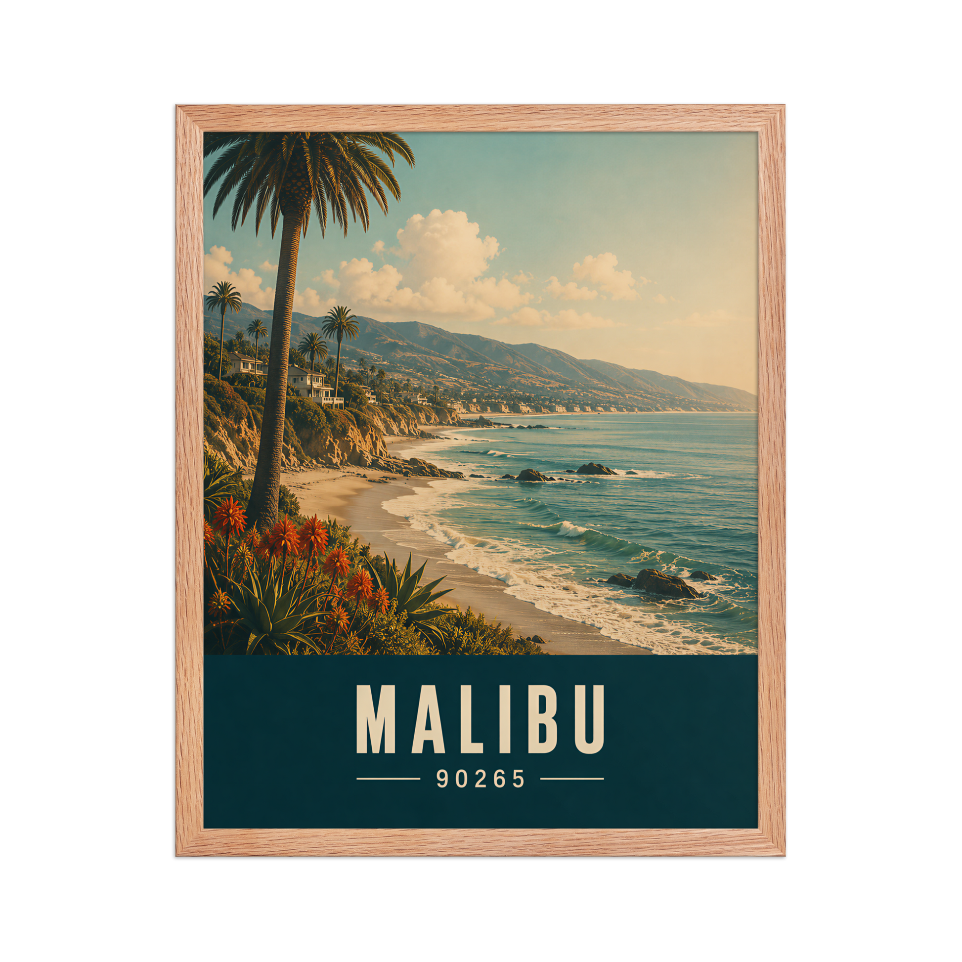 Framed Malibu California retro travel poster with 90265 zip code, coastal beach wall art
