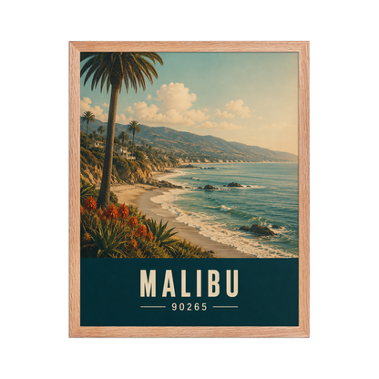 Framed Malibu California retro travel poster with 90265 zip code, coastal beach wall art