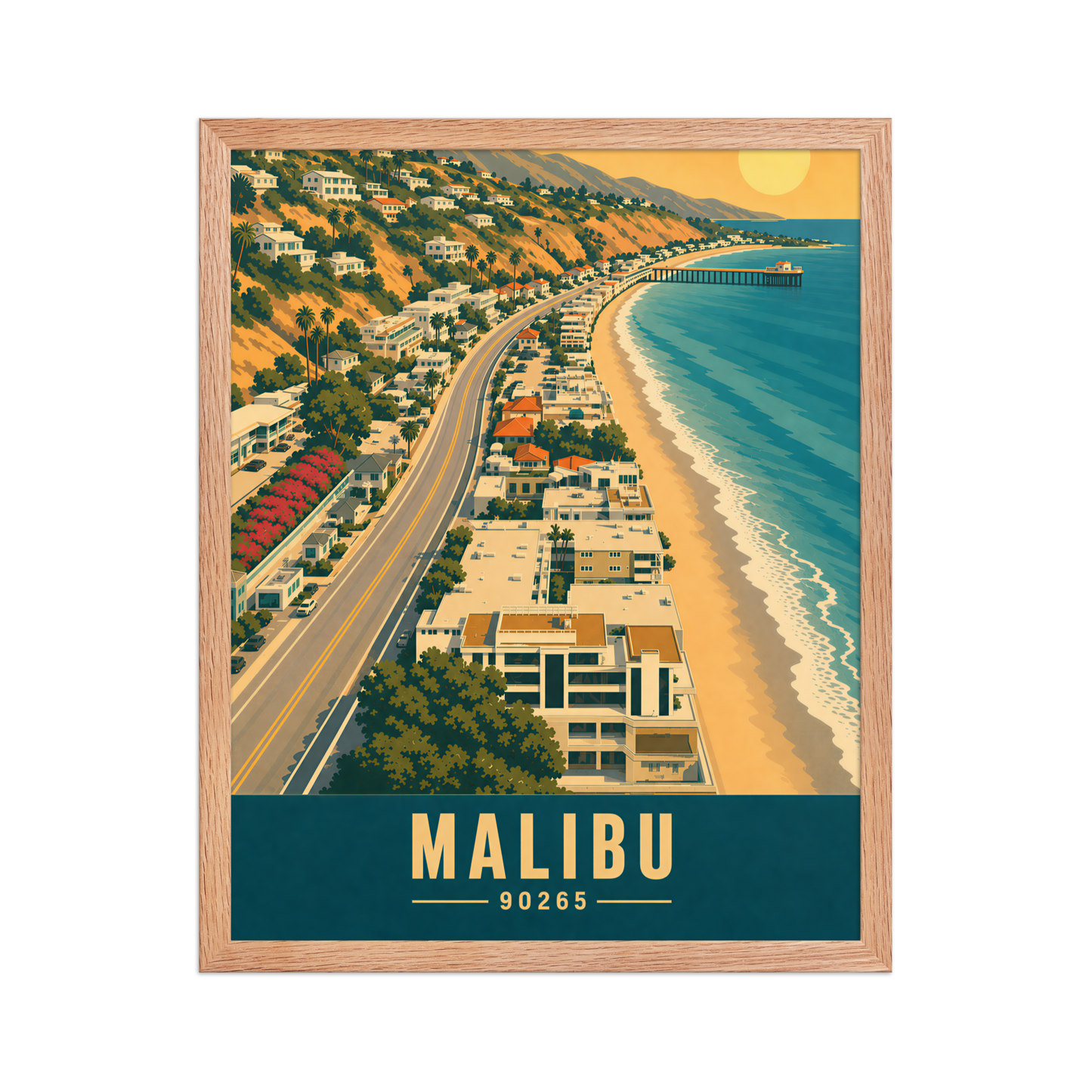 Framed aerial Malibu Pacific Coast Highway poster with 90265 zip code