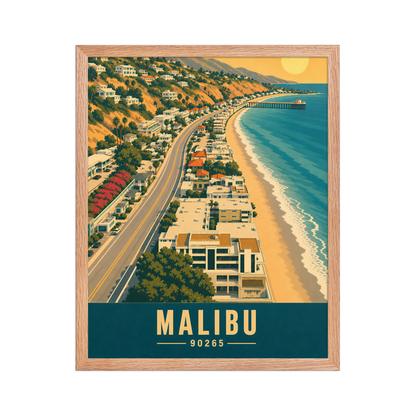 Framed aerial Malibu Pacific Coast Highway poster with 90265 zip code