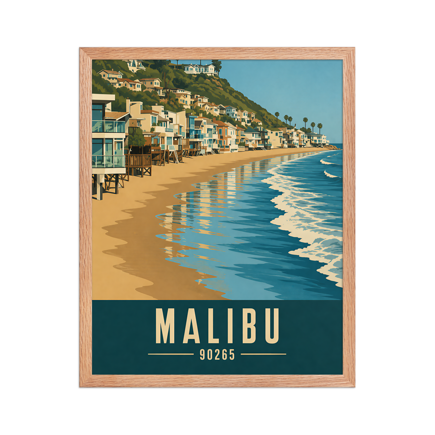 Framed Malibu beach house coastal poster with 90265 zip code