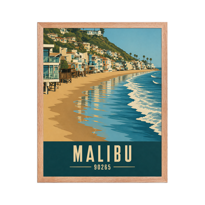 Framed Malibu beach house coastal poster with 90265 zip code