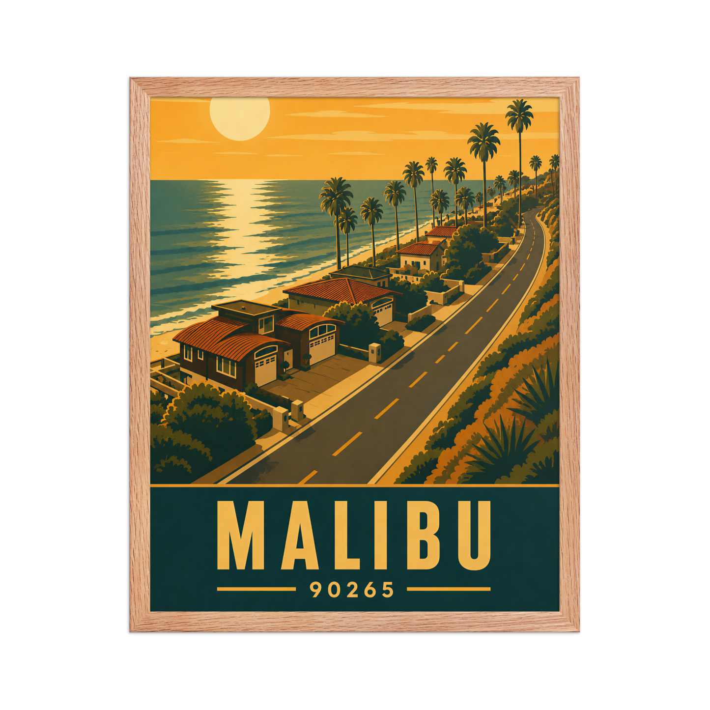 Framed Malibu palm-lined sunset coastal road poster with 90265 zip code