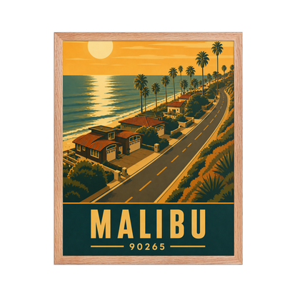 Framed Malibu palm-lined sunset coastal road poster with 90265 zip code