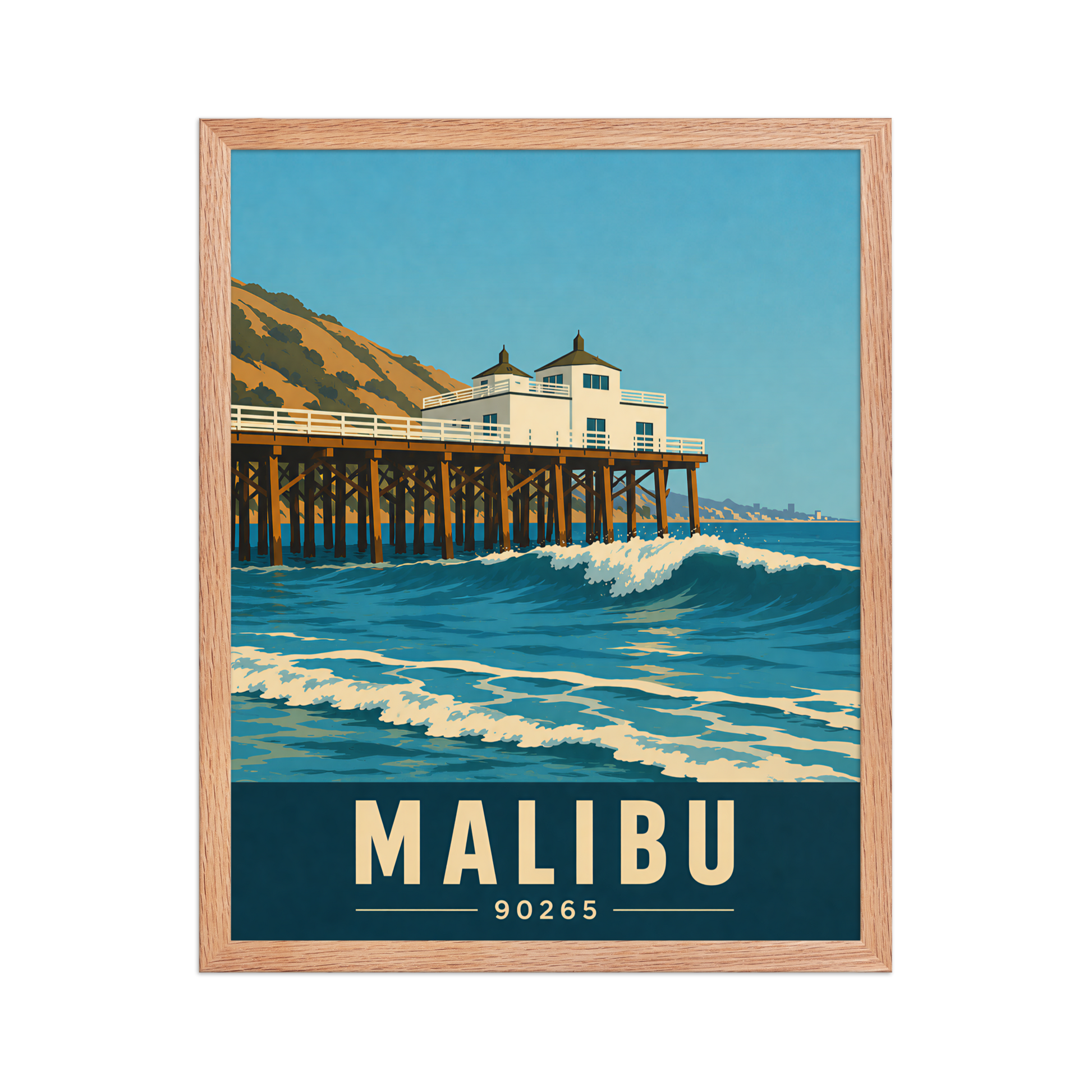 Framed Malibu oceanfront pier and waves poster with 90265 zip code