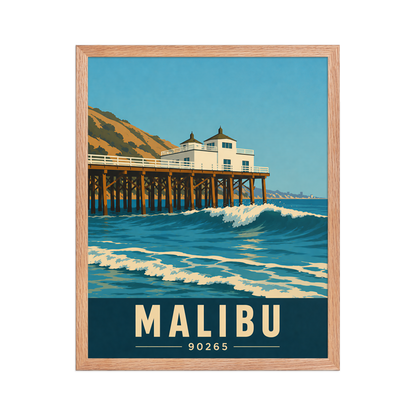 Framed Malibu oceanfront pier and waves poster with 90265 zip code