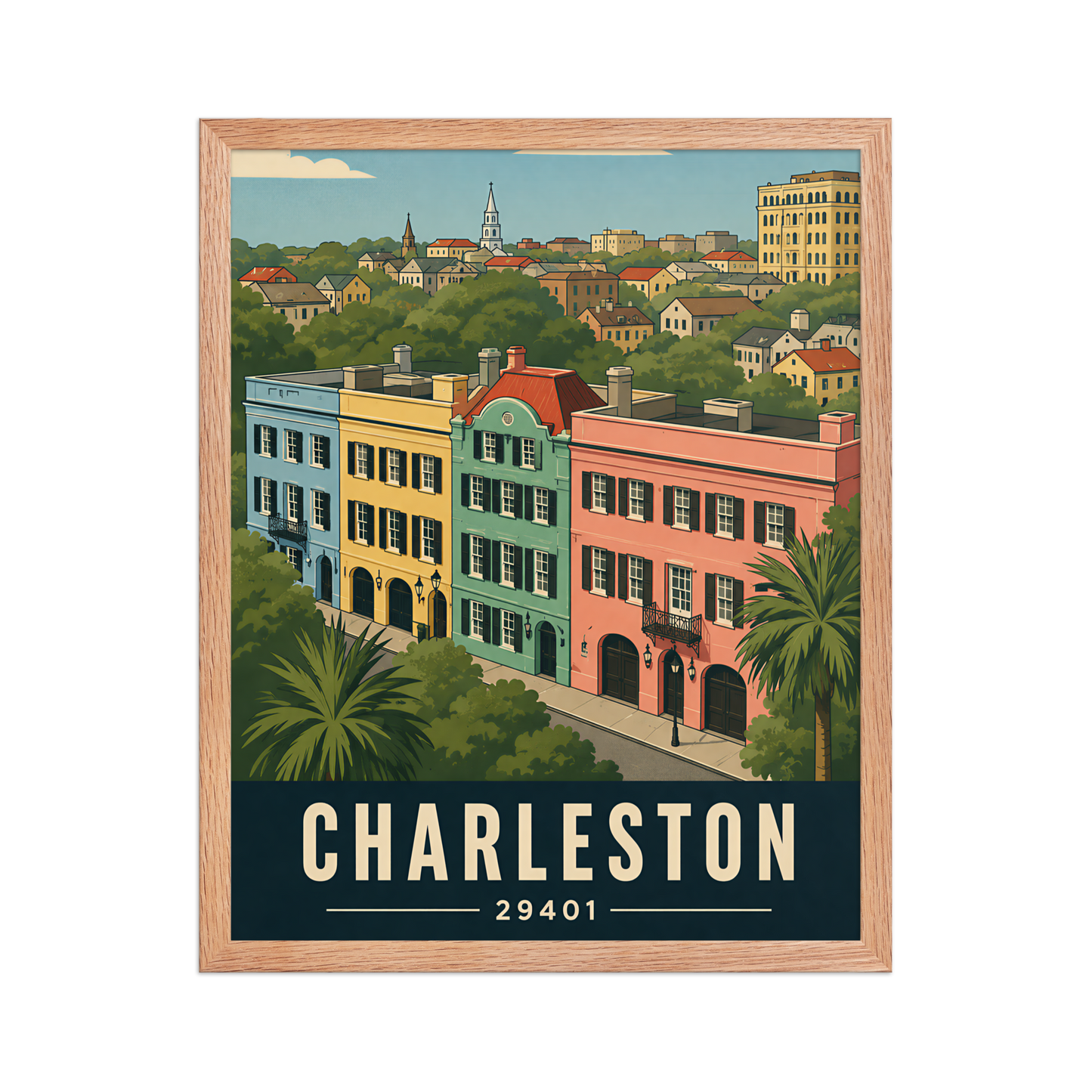 Framed Rainbow Row Charleston historic homes poster with 29401 zip code