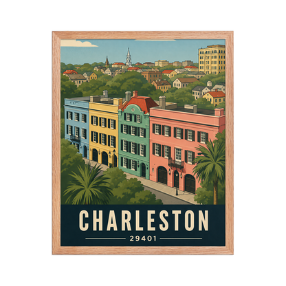 Framed Rainbow Row Charleston historic homes poster with 29401 zip code