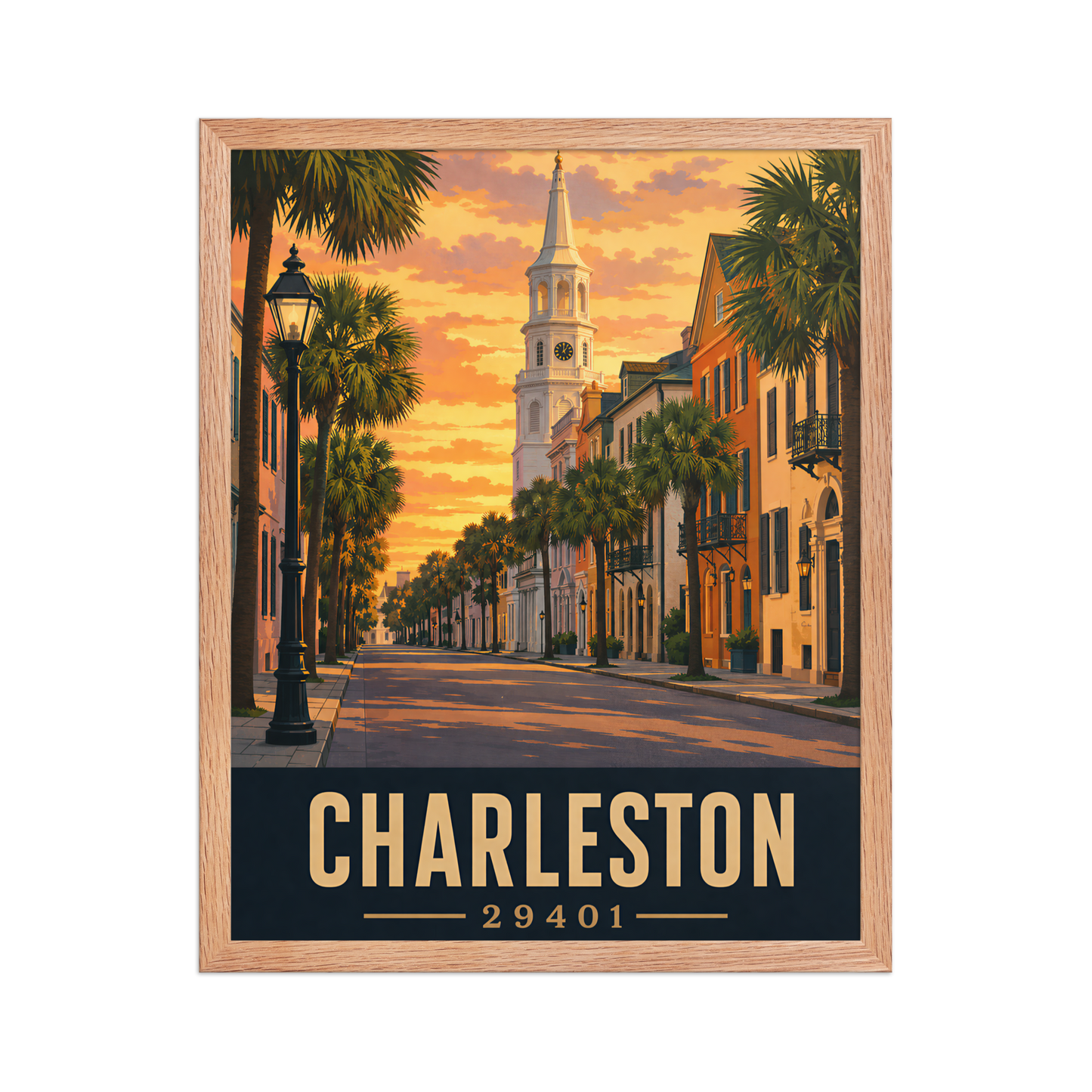 Framed Charleston church steeple sunset poster with 29401 zip code