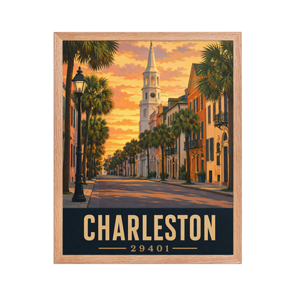 Framed Charleston church steeple sunset poster with 29401 zip code