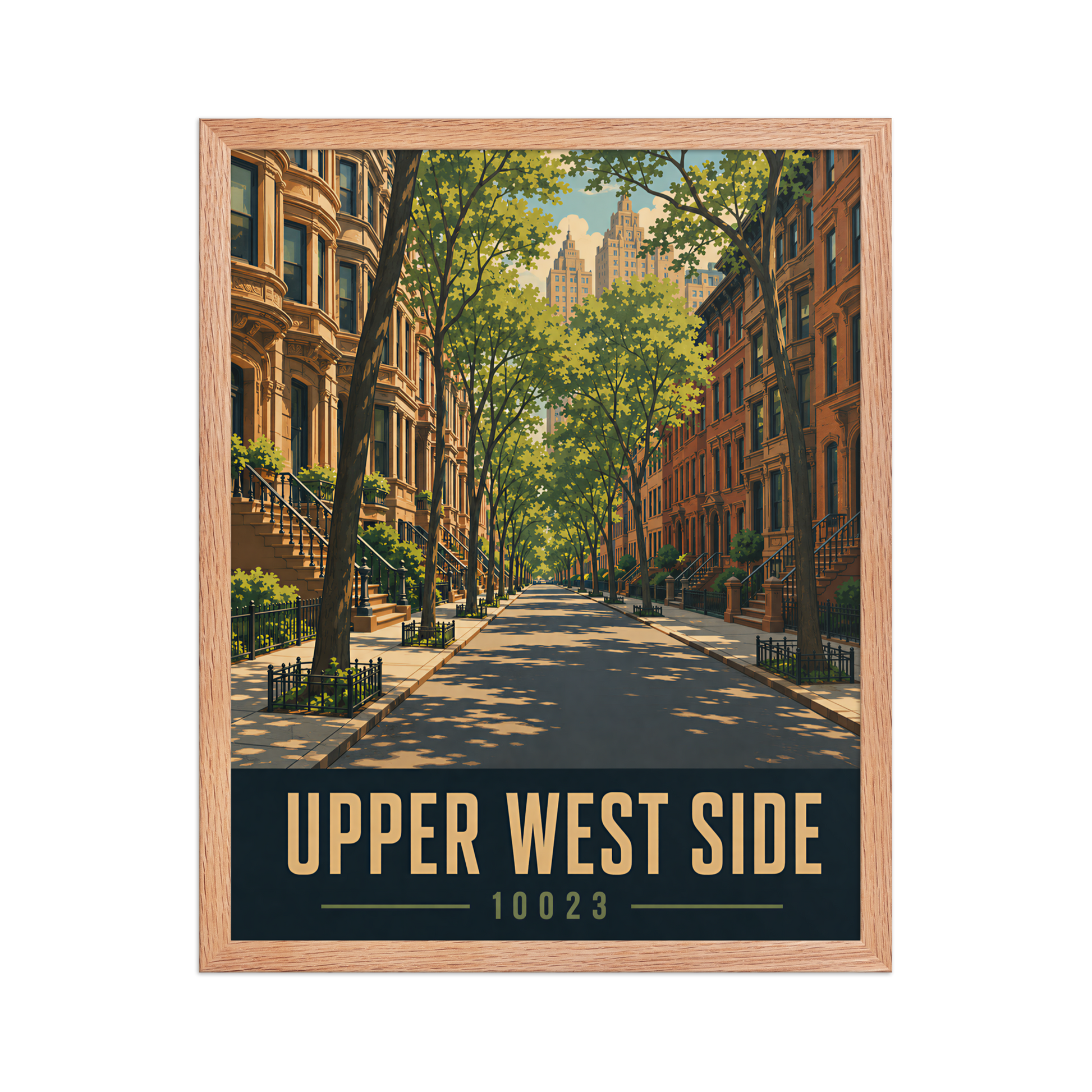 Framed Upper West Side brownstone street poster with 10023 zip code