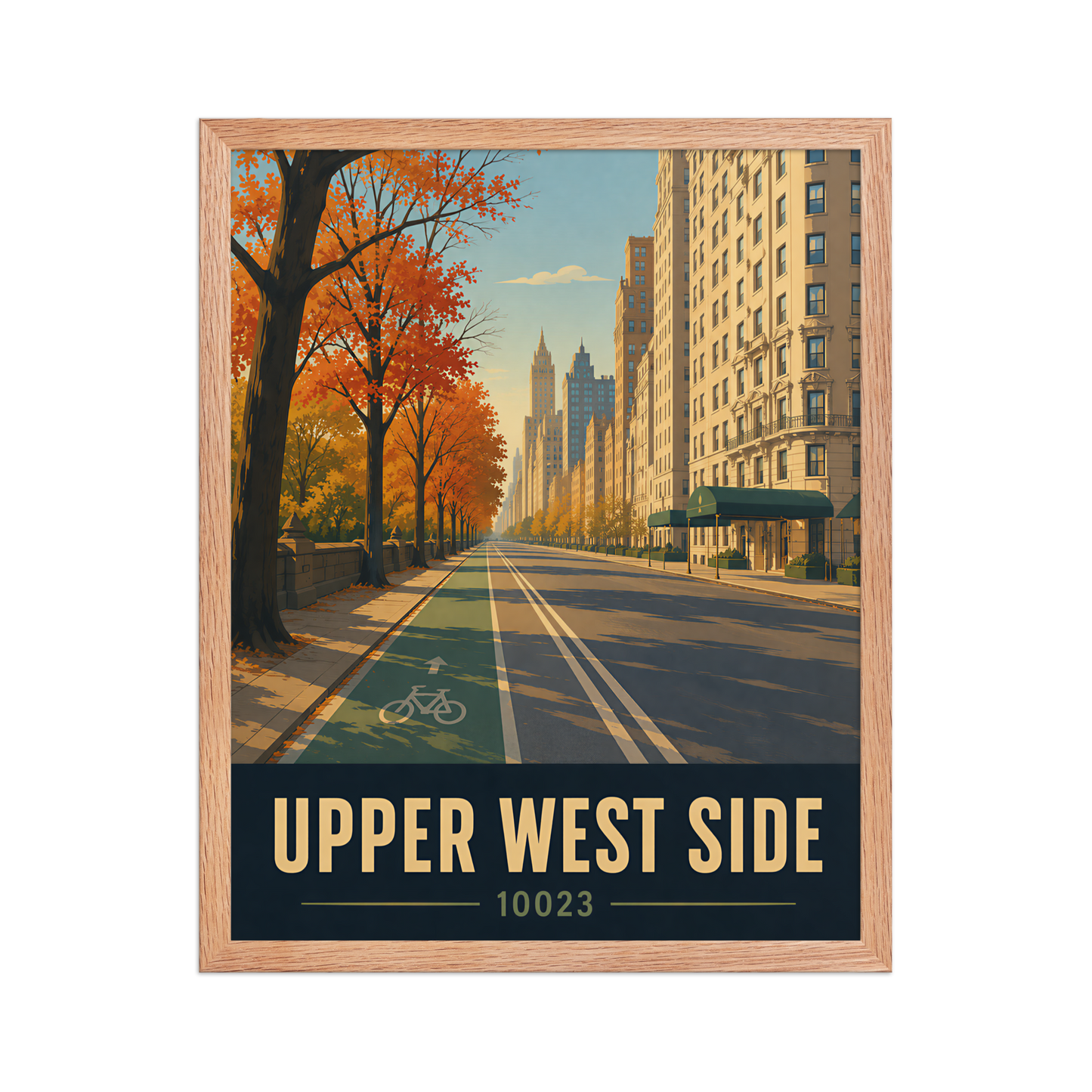 Framed Central Park West autumn poster with 10023 zip code