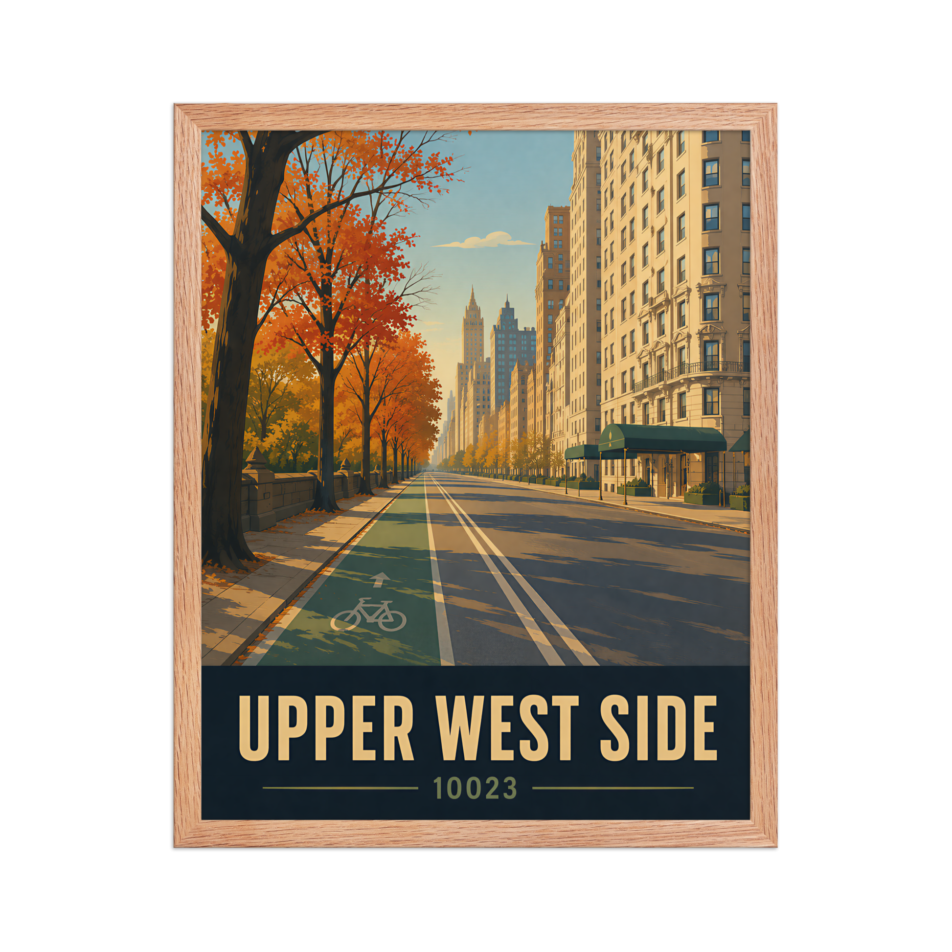 Framed Central Park West autumn poster with 10023 zip code