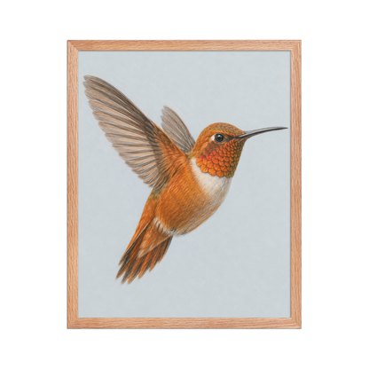 Framed Rufous hummingbird colored pencil illustration print on dusty blue pastel background, wood frame wall art