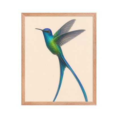 Framed Long-tailed Sylph hummingbird colored pencil illustration print, teal iridescent plumage on warm cream background, wood frame wall art