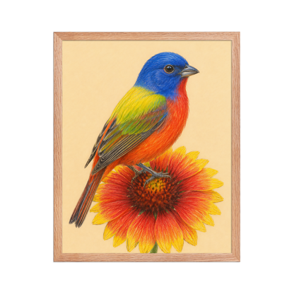 Framed Painted Bunting colored pencil illustration on Indian Blanket flower, wood frame wall art