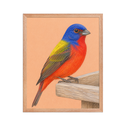 Framed Painted Bunting colored pencil illustration on wooden feeder, apricot background, wood frame wall art