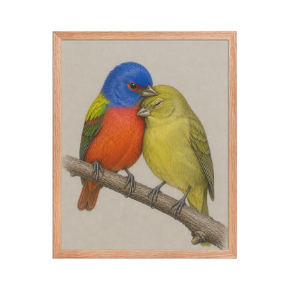 Framed male and female Painted Bunting pair colored pencil illustration, wood frame wall art