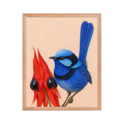 Framed Splendid Fairywren blue wren colored pencil illustration, terracotta background, wood frame wall art