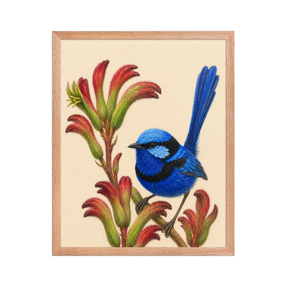 Framed Splendid Fairywren blue wren colored pencil illustration on Kangaroo Paw flowers, wood frame wall art