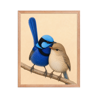 Framed male and female Splendid Fairywren blue wren pair colored pencil illustration, wood frame wall art