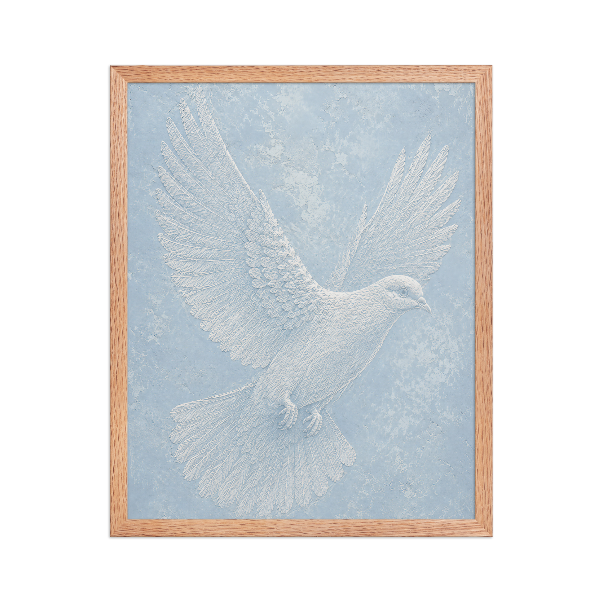 Framed peace dove print with embossed relief-look design on dusty blue textured background