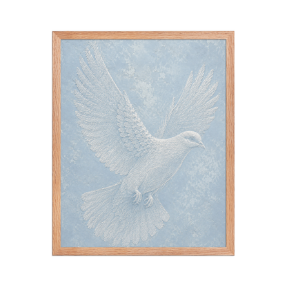 Framed peace dove print with embossed relief-look design on dusty blue textured background