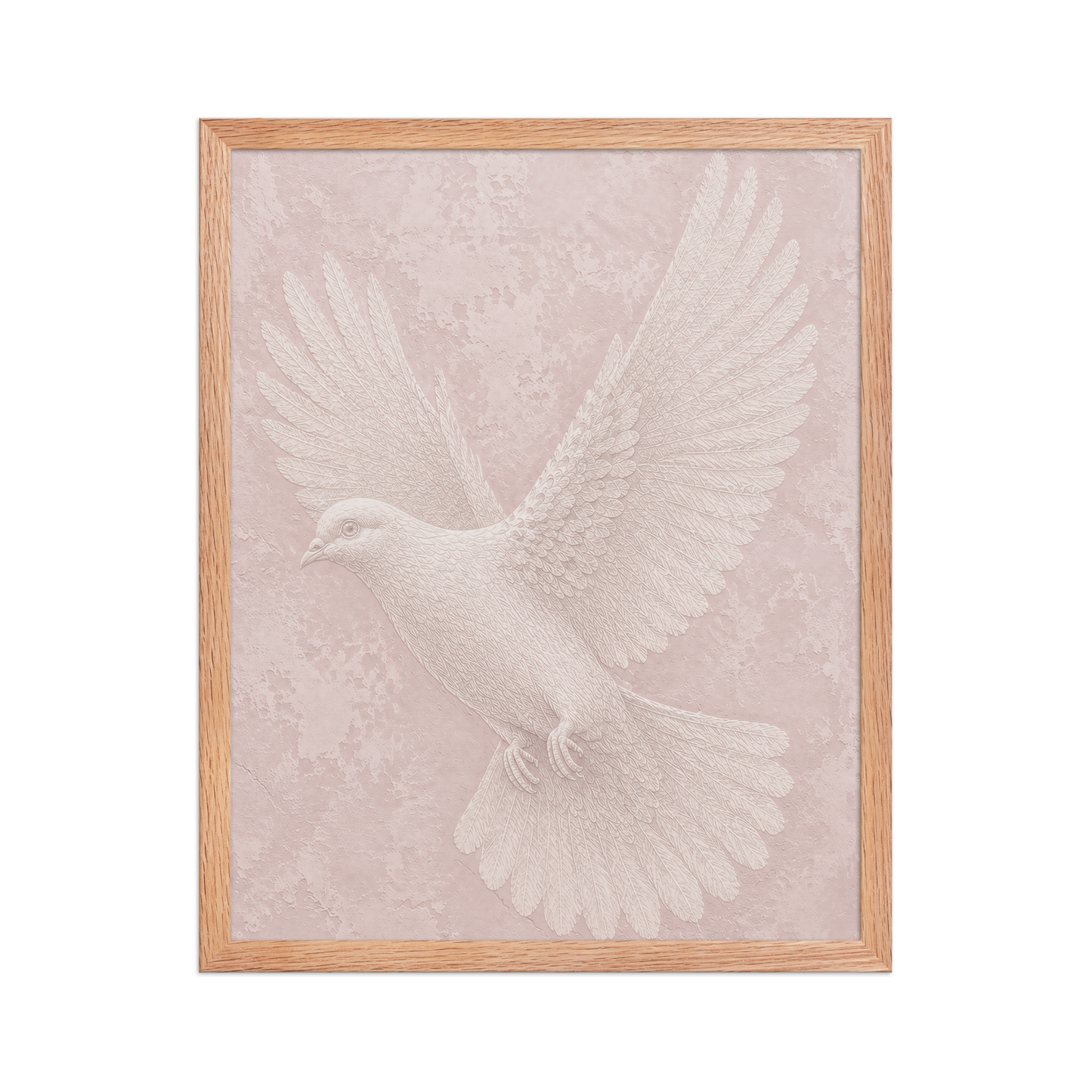 Framed peace dove print with embossed relief-look design on blush pink textured background