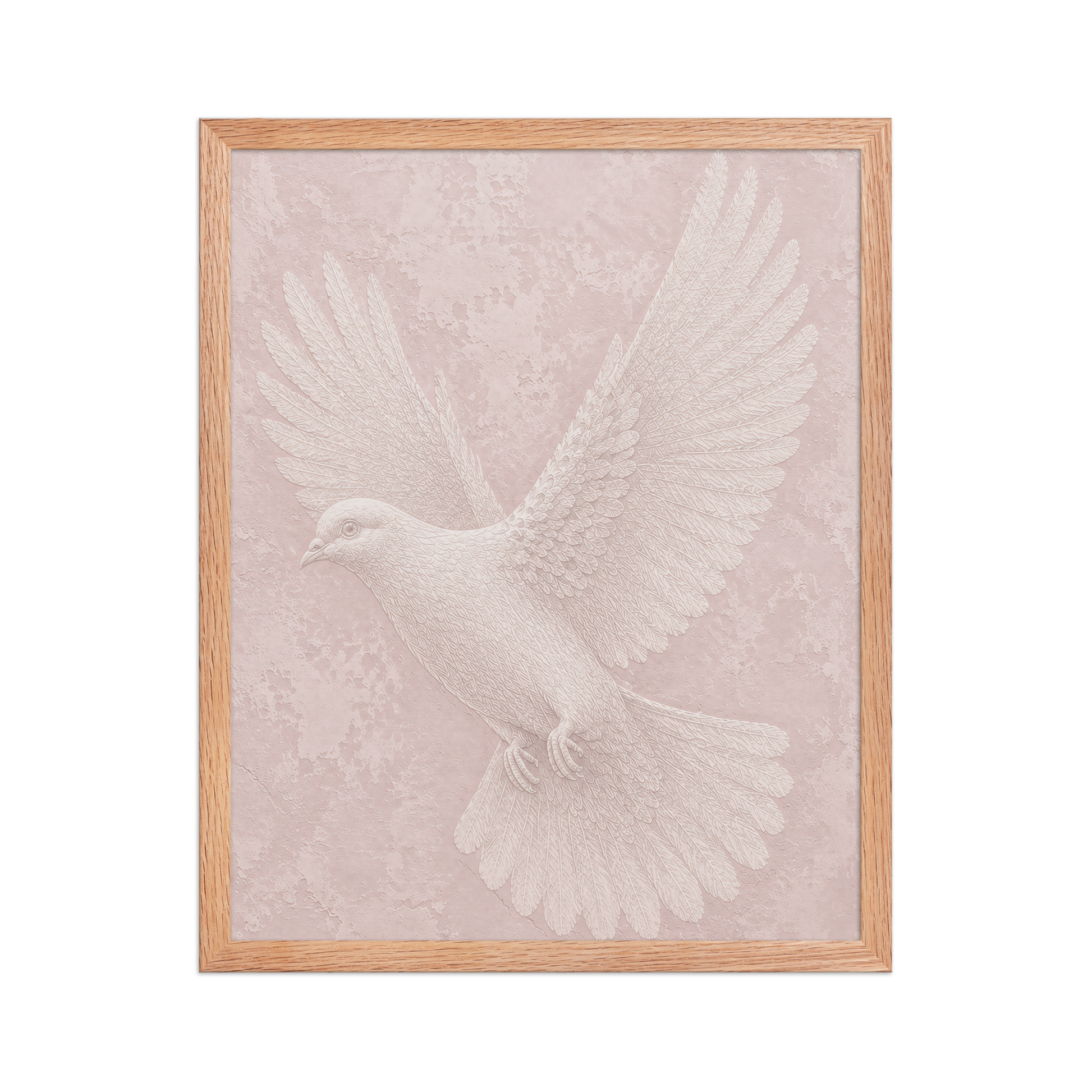 Framed peace dove print with embossed relief-look design on blush pink textured background