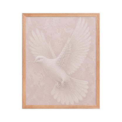 Framed peace dove print with embossed relief-look design on blush pink textured background